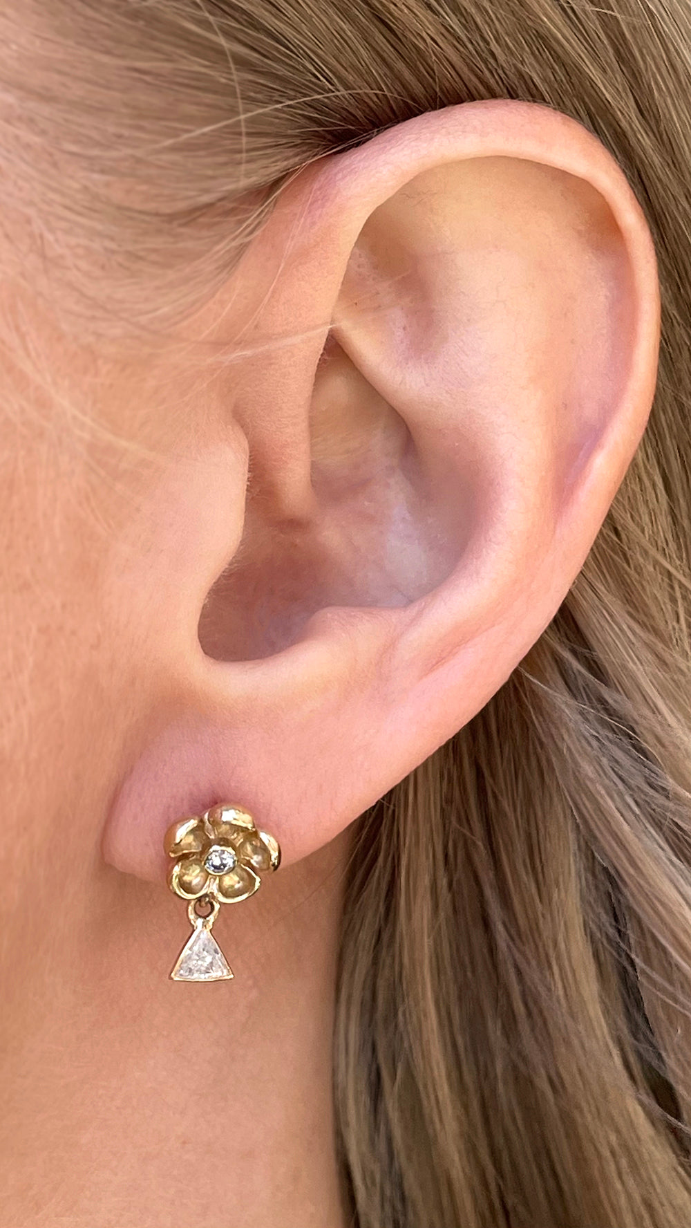 Five Petal Gold and Diamond Flower Earring with a Trillion Accent