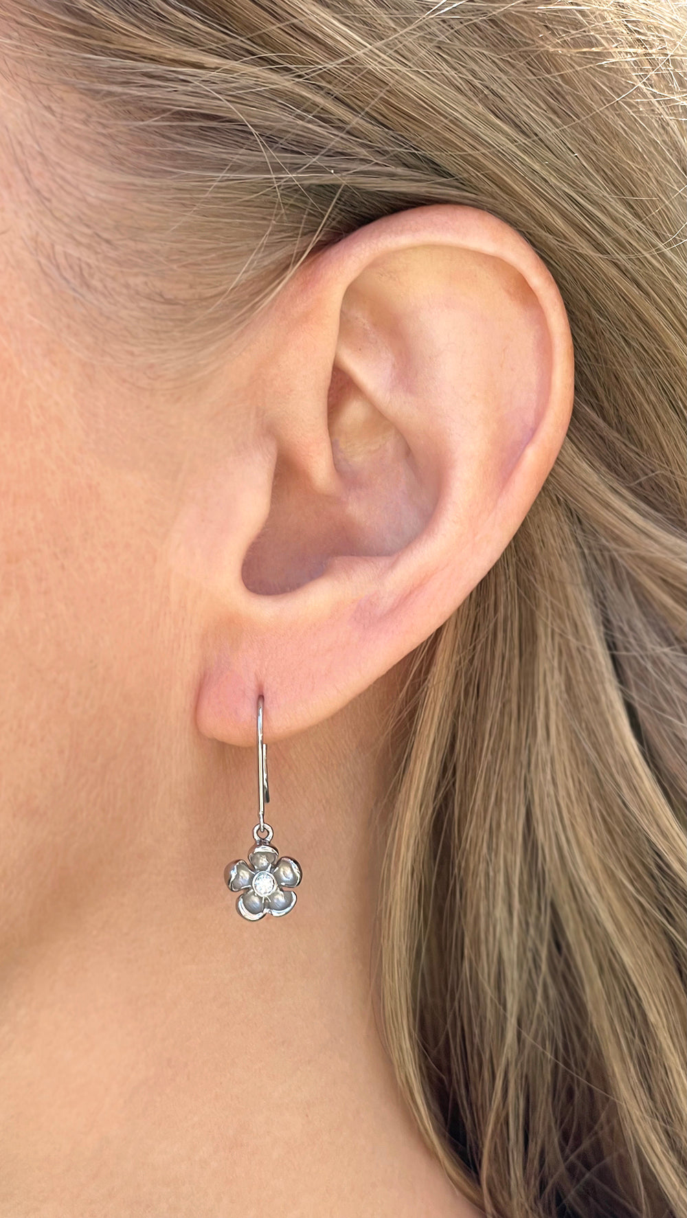 Five Petal White Gold and Diamond Drop Flower Earring with Diamond Centers