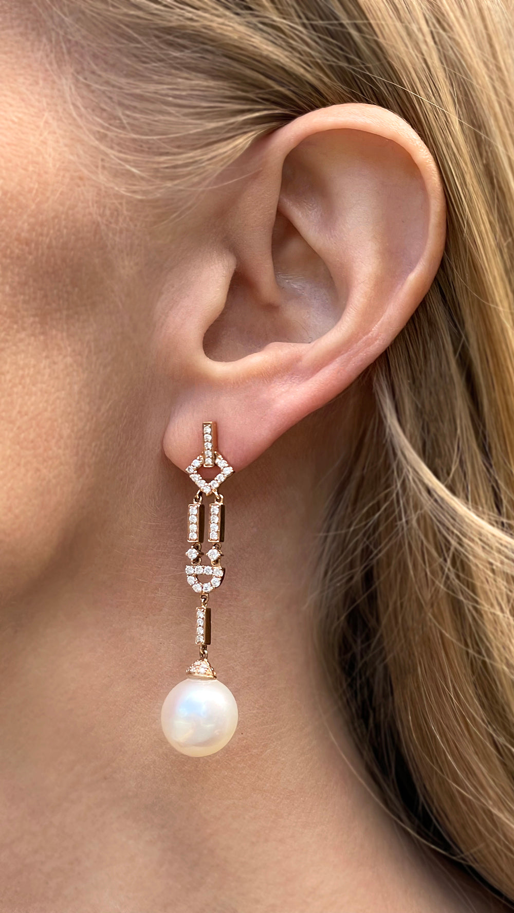 Art Deco Rose Gold and Diamond Drop Empire Earring with Pearls