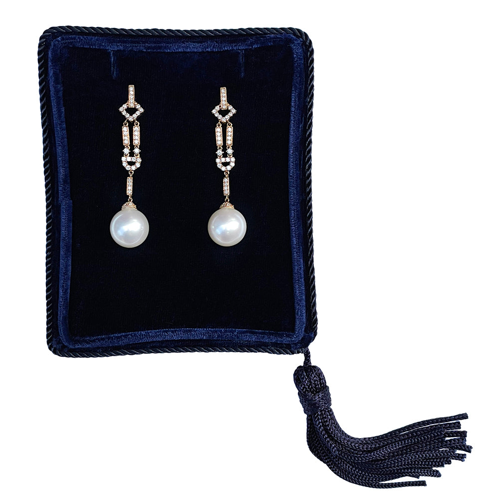 Art Deco Rose Gold and Diamond Drop Empire Earring with Pearls