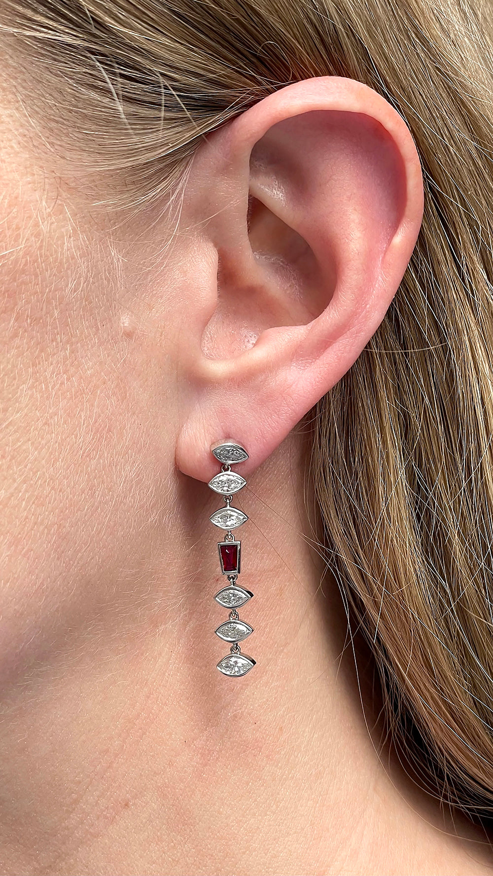 Platinum Marquise Diamond and Ruby Drop Earrings