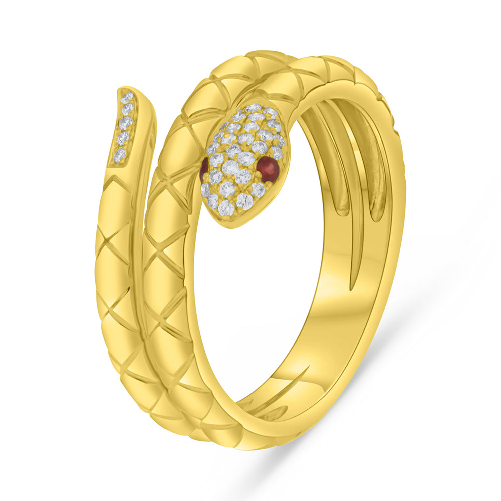Gold snake-shaped ring with diamonds on the face and ruby eyes on a white background