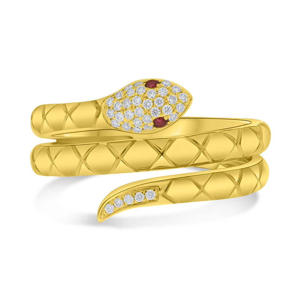 Gold snake-shaped ring with diamonds on the face and ruby eye accents on a white background