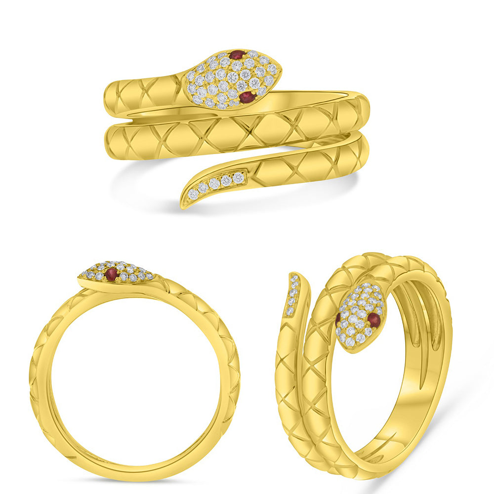 14K Yellow Gold Snake Wrap Ring with Diamonds & Rubies