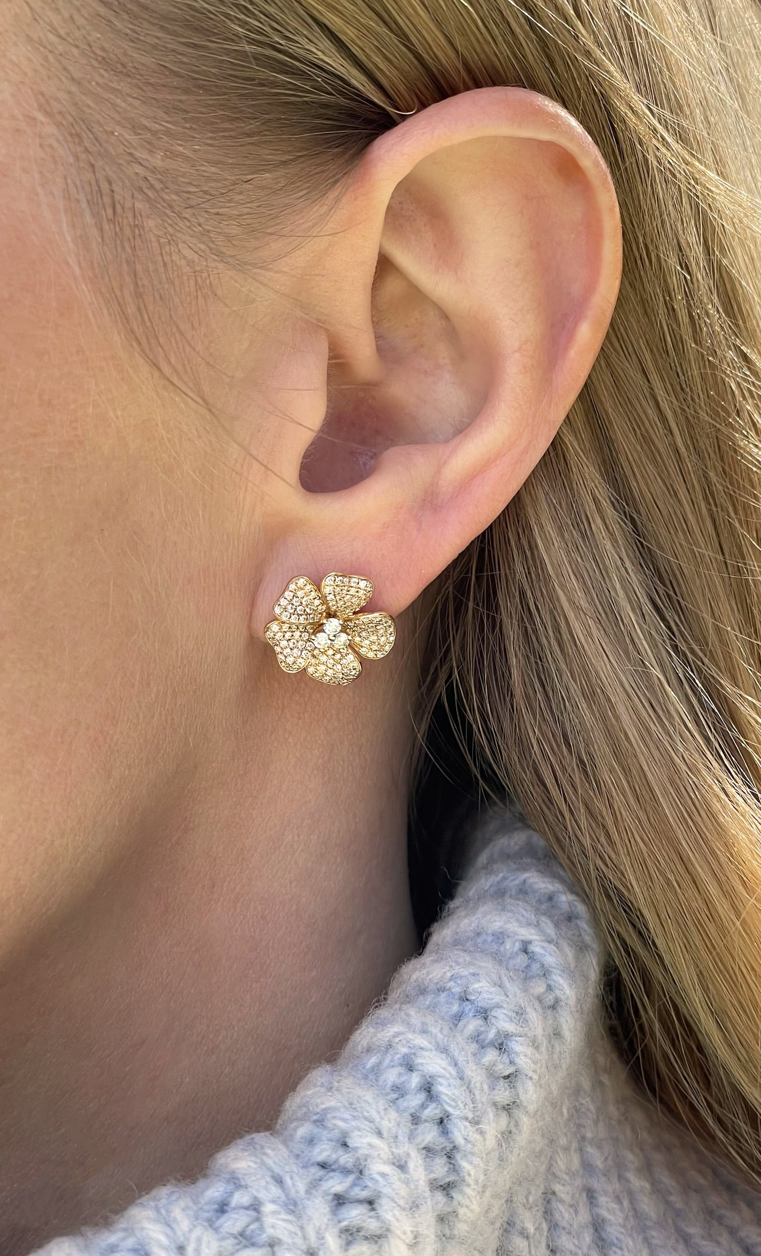 14k Yellow Gold Diamond Flower Earrings