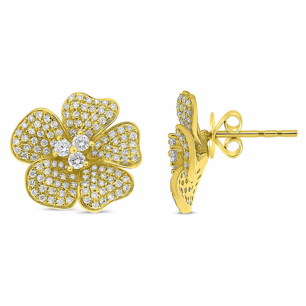 Gold flower-shaped earrings with diamond accents on a white background