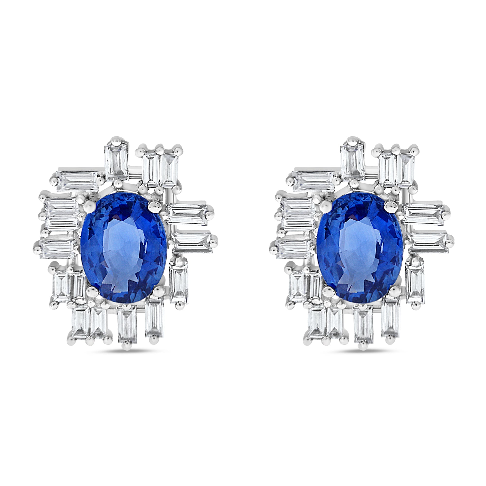 Platinum Sapphire & Baguette Diamond Cluster Earrings (2.80 tcw)