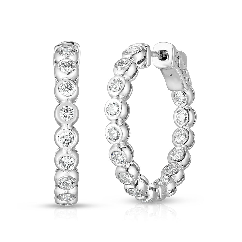 14K White Gold In & Out Bezel Set Diamond Hoop Earrings, 1.30 TCW