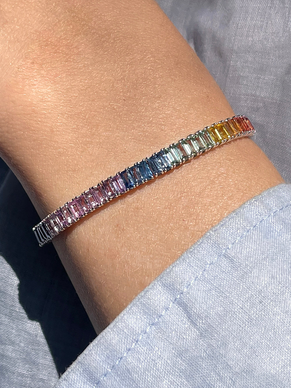 18K White Gold Baguette Ombre Rainbow Tennis Bracelet