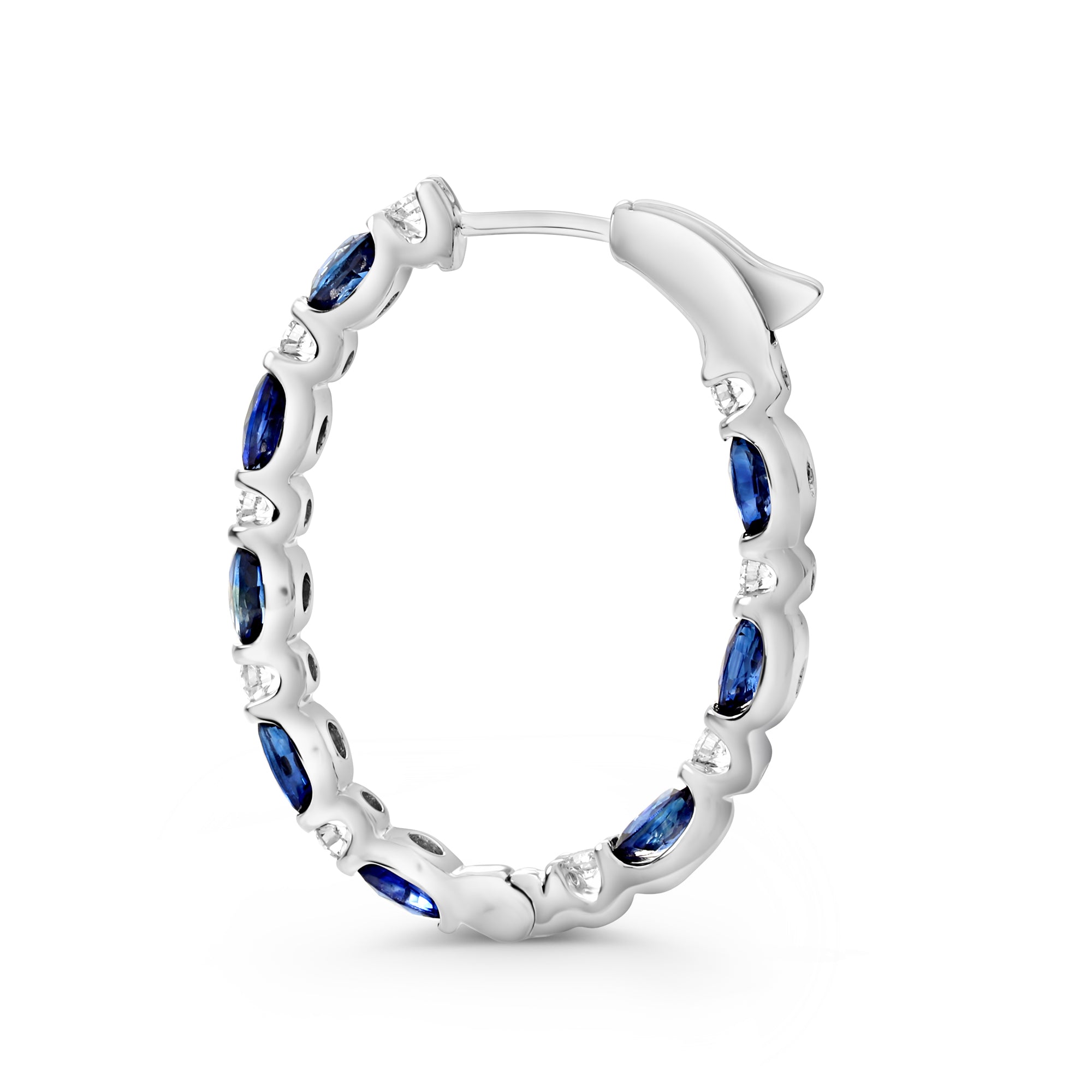 14K White Gold Sapphire & Diamond Oval Hoop Earrings