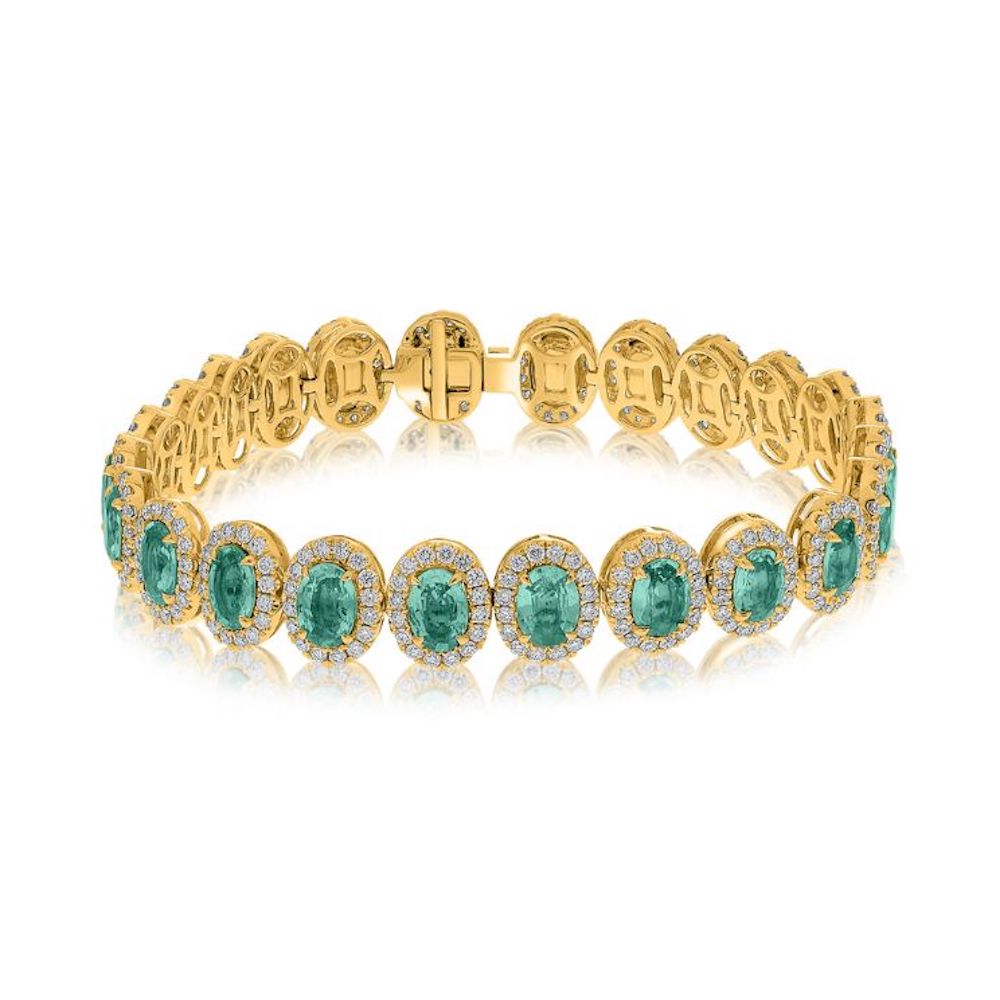 18K Yellow Gold Emerald & Diamond Halo Bracelet – 6.25 TCW