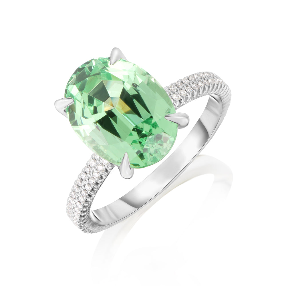 Mint Green Garnet Double Row Robin Platinum and Diamond Ring