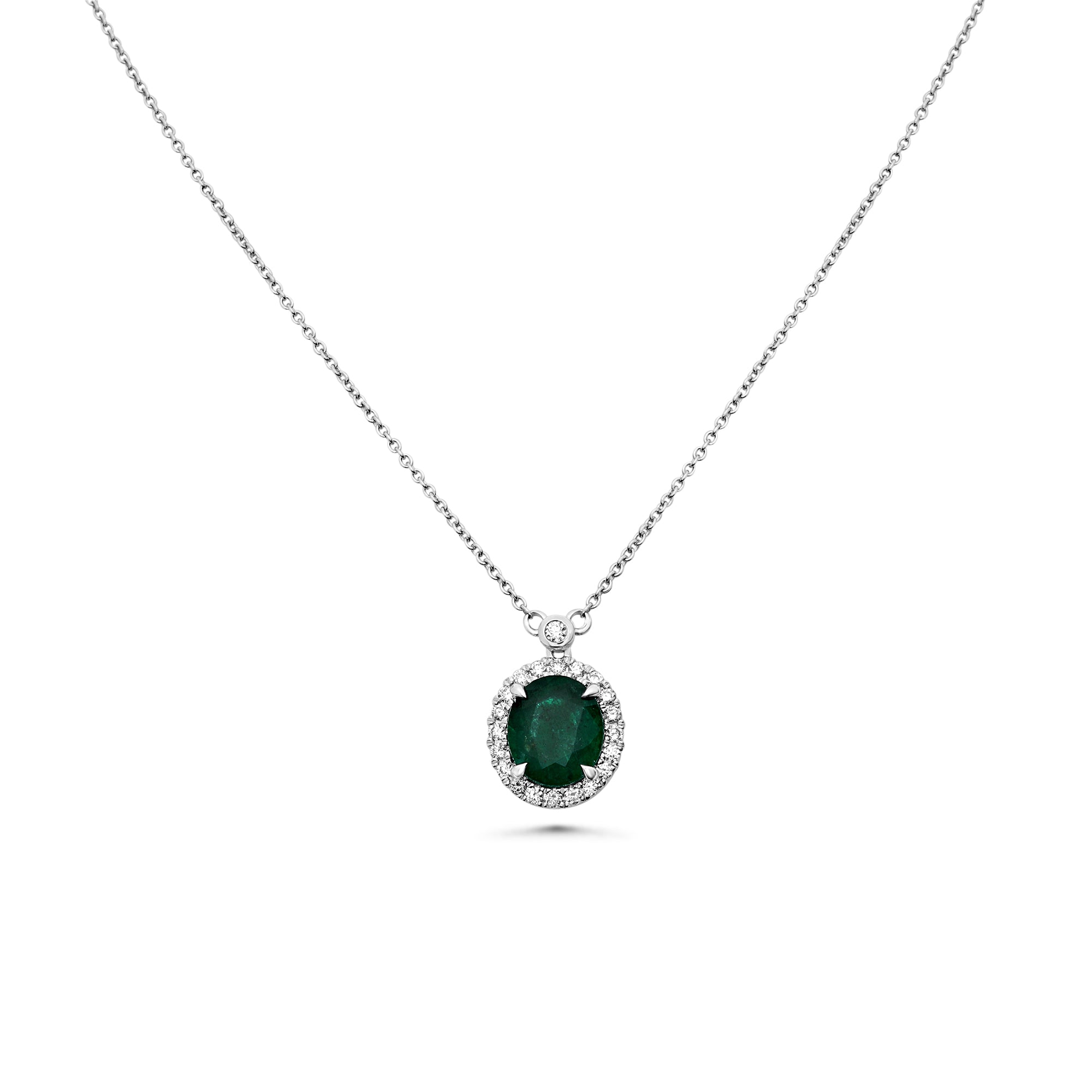 Oval Emerald & Diamond Halo Pendant Necklace | 18K White Gold