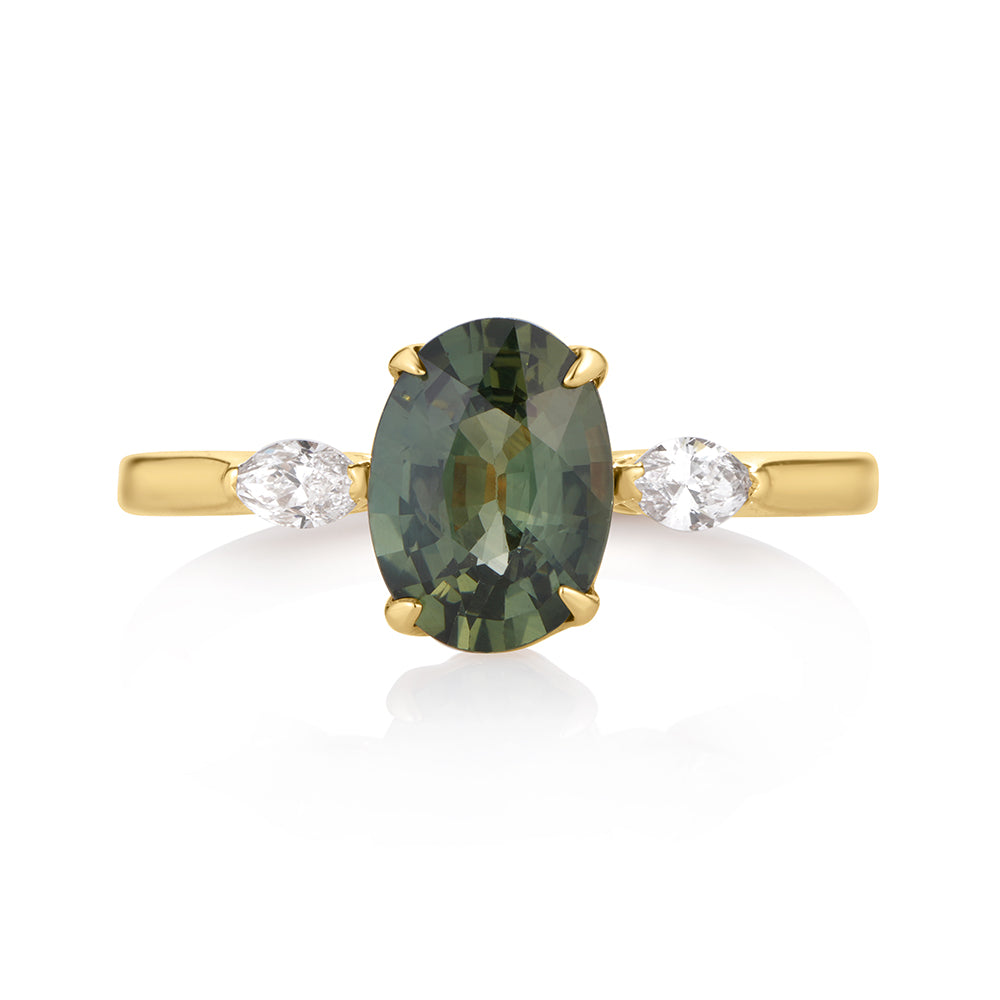 Oval Green Sapphire with Marquise Diamonds 3 Stone Ring