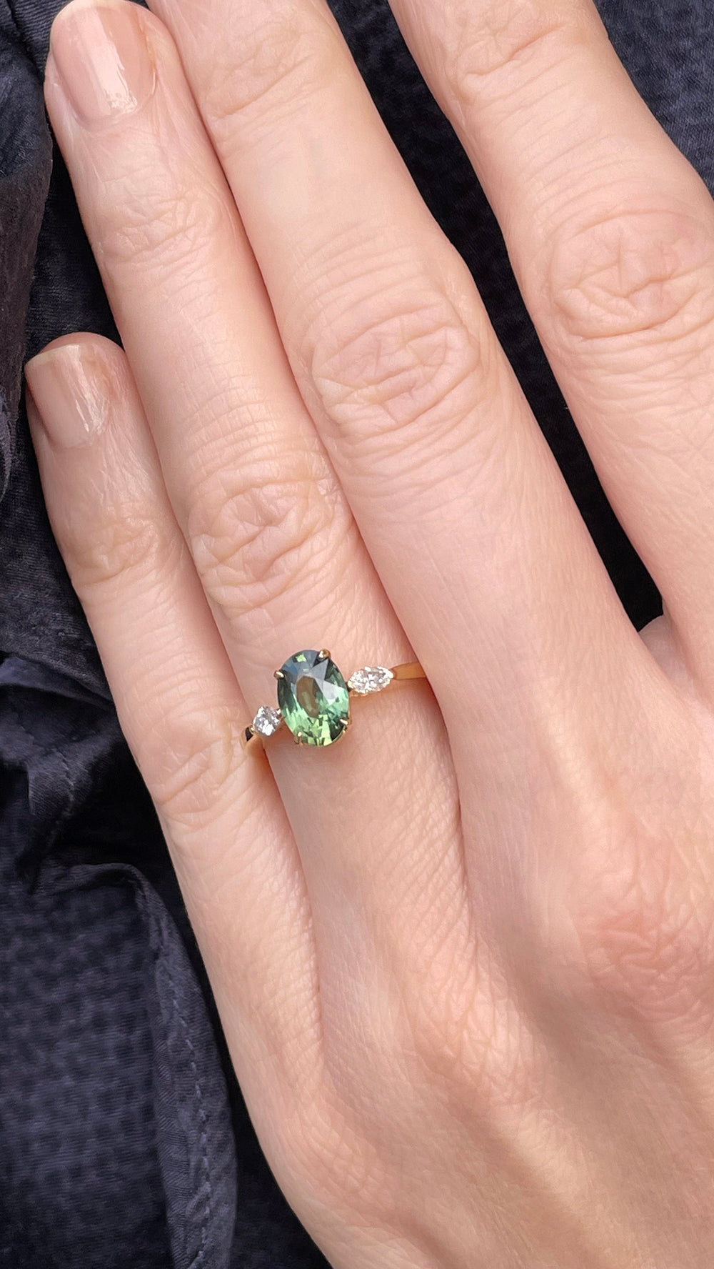 Oval Green Sapphire with Marquise Diamonds 3 Stone Ring