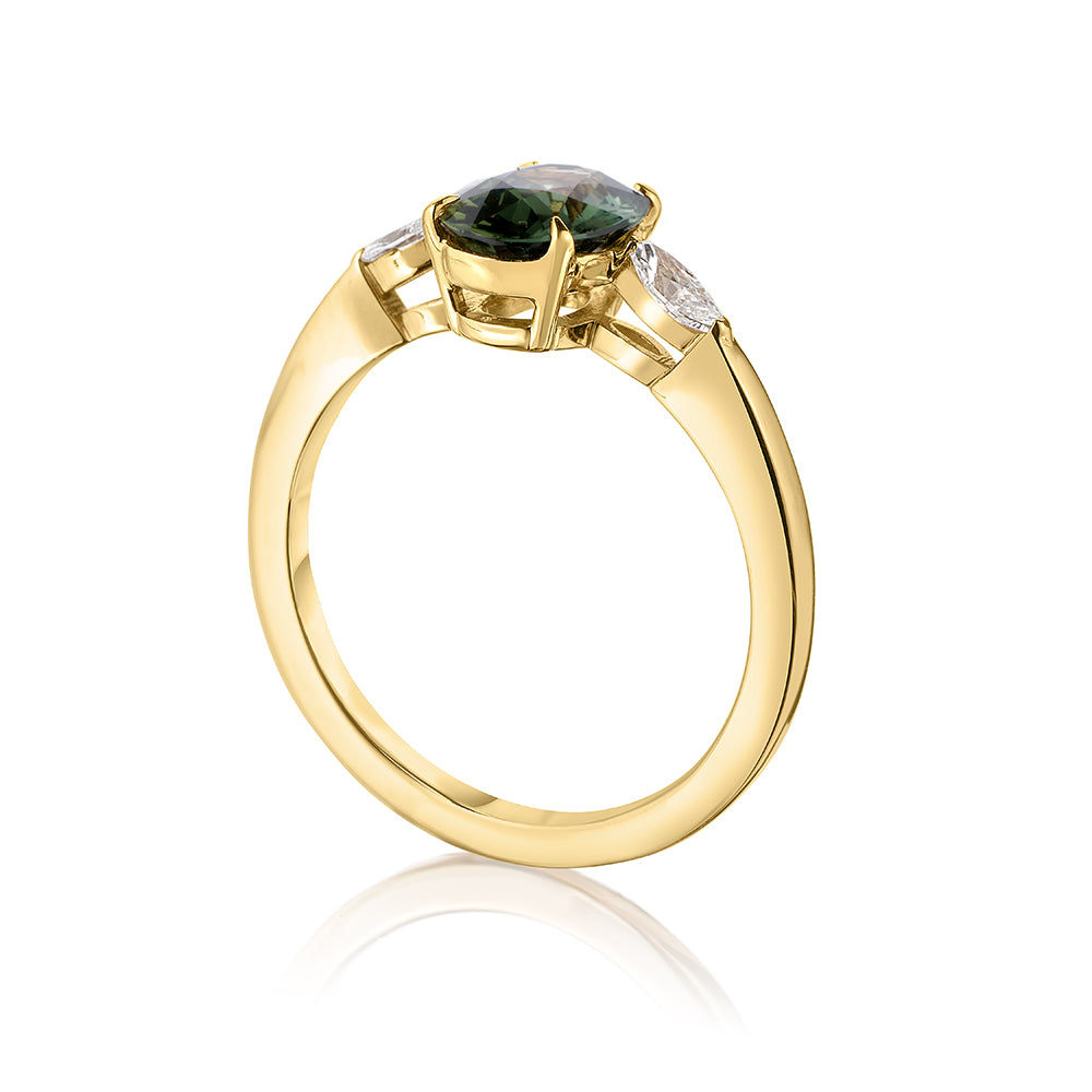 Oval Green Sapphire with Marquise Diamonds 3 Stone Ring