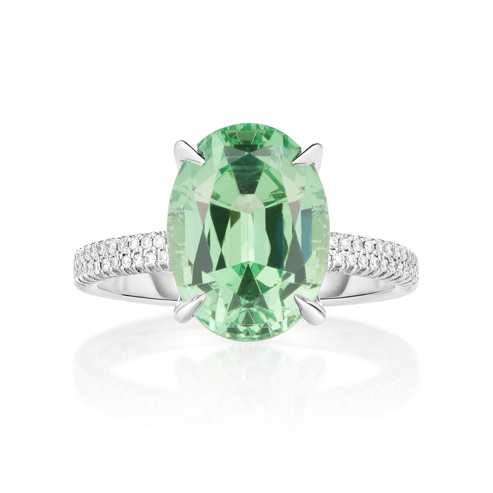 Mint Green Garnet Double Row Robin Platinum and Diamond Ring