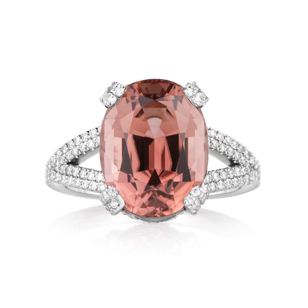 Oval Peach Tourmaline Masterpiece Platinum and Diamond Split Shank Micro-Pave Diamond Ring