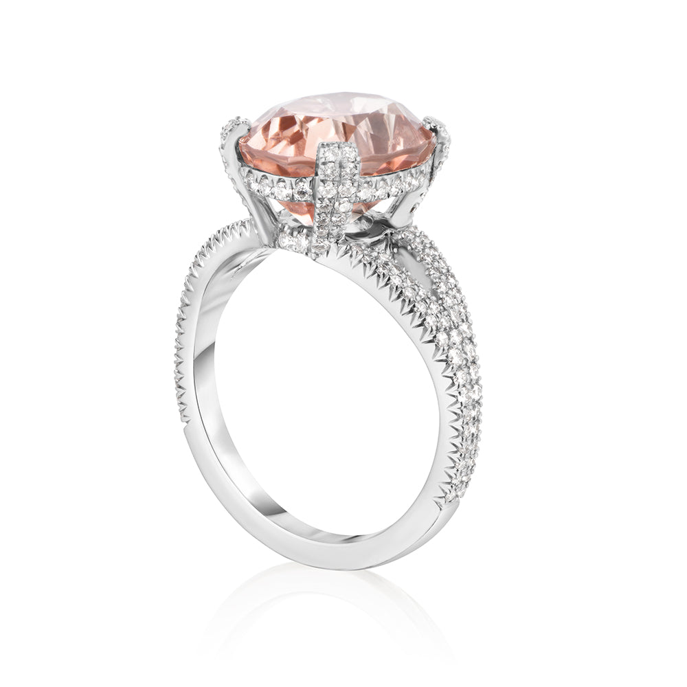 Oval Peach Tourmaline Masterpiece Platinum and Diamond Split Shank Micro-Pave Diamond Ring