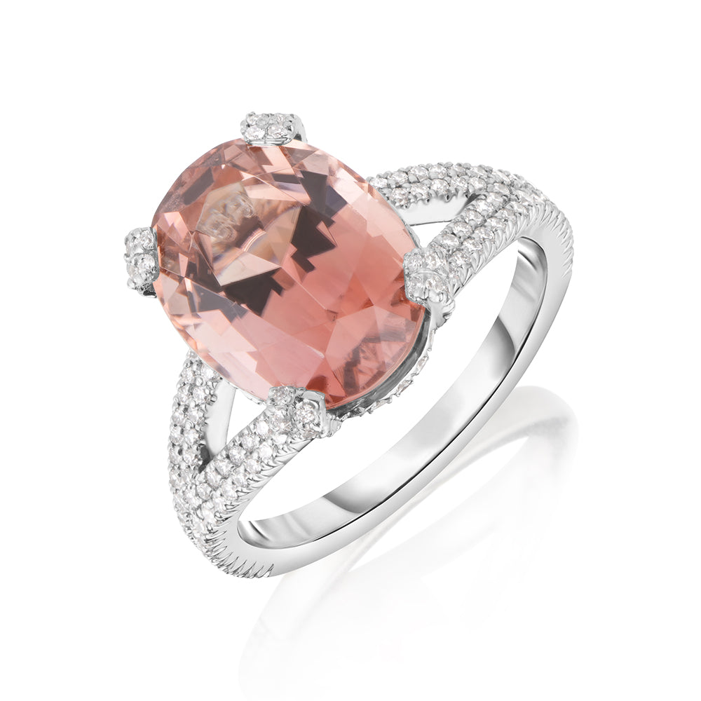 Oval Peach Tourmaline Masterpiece Platinum and Diamond Split Shank Micro-Pave Diamond Ring