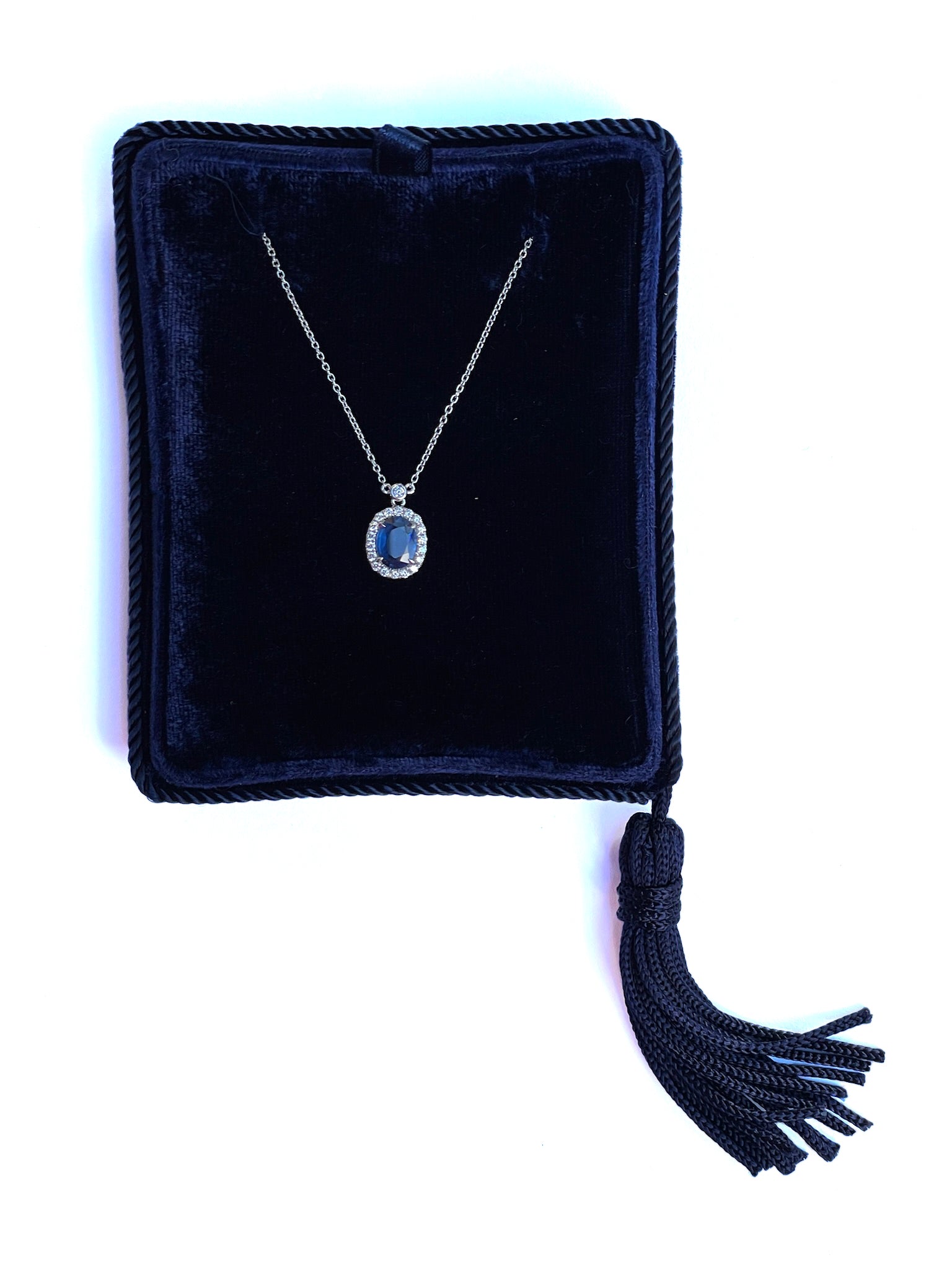 Oval Sapphire & Diamond Halo Pendant Necklace | 14K White Gold