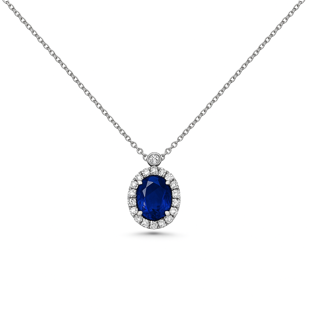 Oval Sapphire & Diamond Halo Pendant Necklace | 14K White Gold