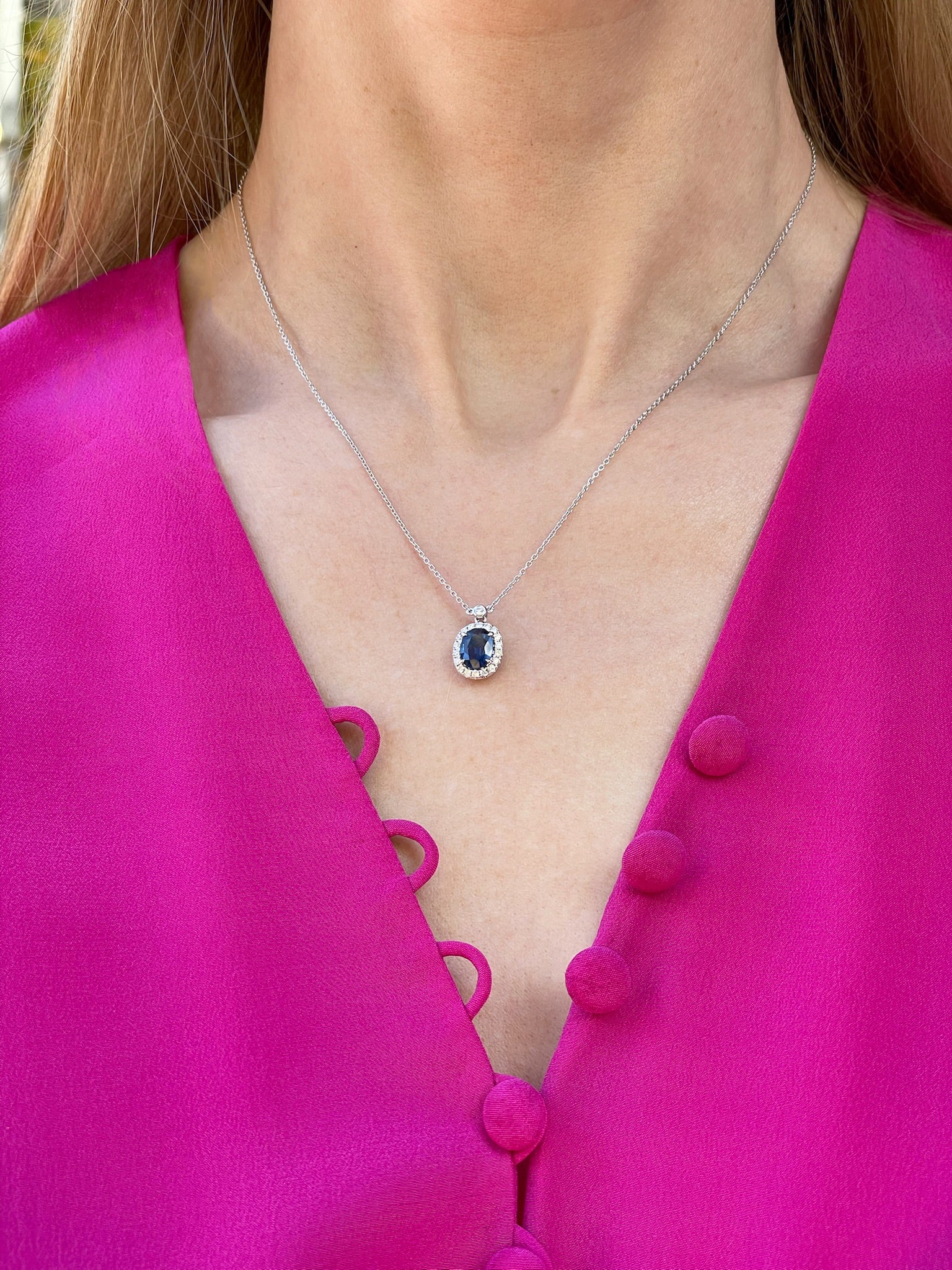 Oval Sapphire & Diamond Halo Pendant Necklace | 14K White Gold