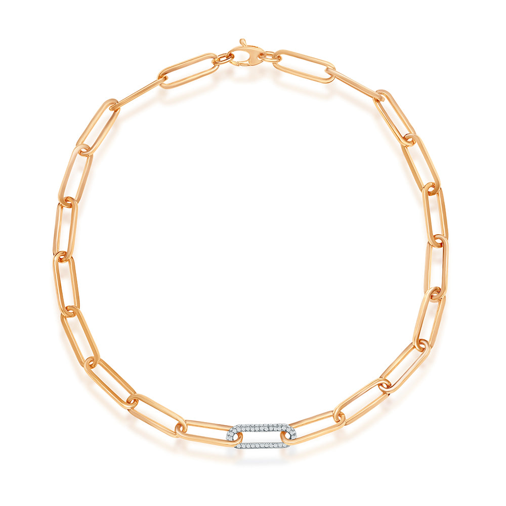 Paperclip Chain Necklace with Single Diamond Pavé Link 14k Rose Gold