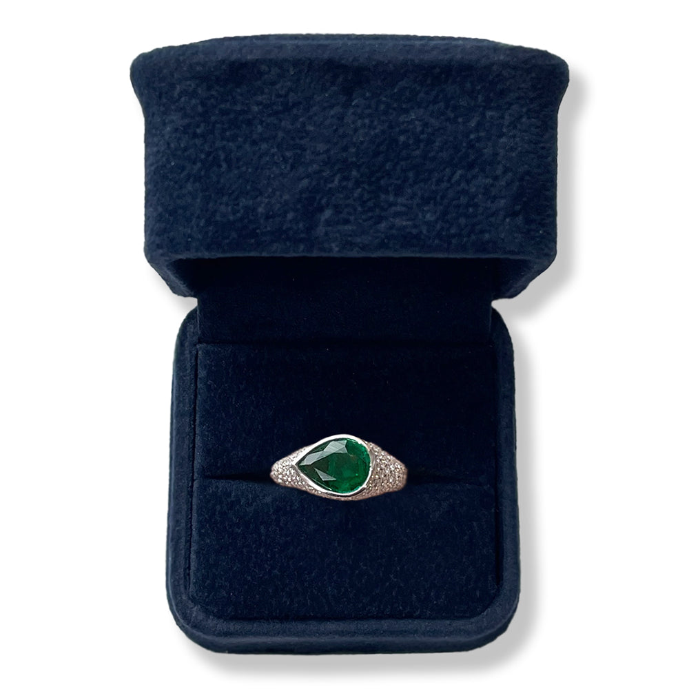 Pear-Shaped Emerald & Micro Pavé Diamond Ring in White Gold