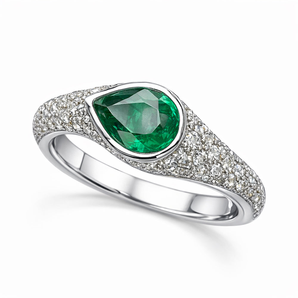 Pear-Shaped Emerald & Micro Pavé Diamond Ring in White Gold