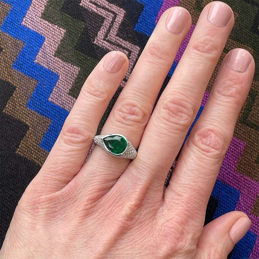 Pear-Shaped Emerald & Micro Pavé Diamond Ring in White Gold