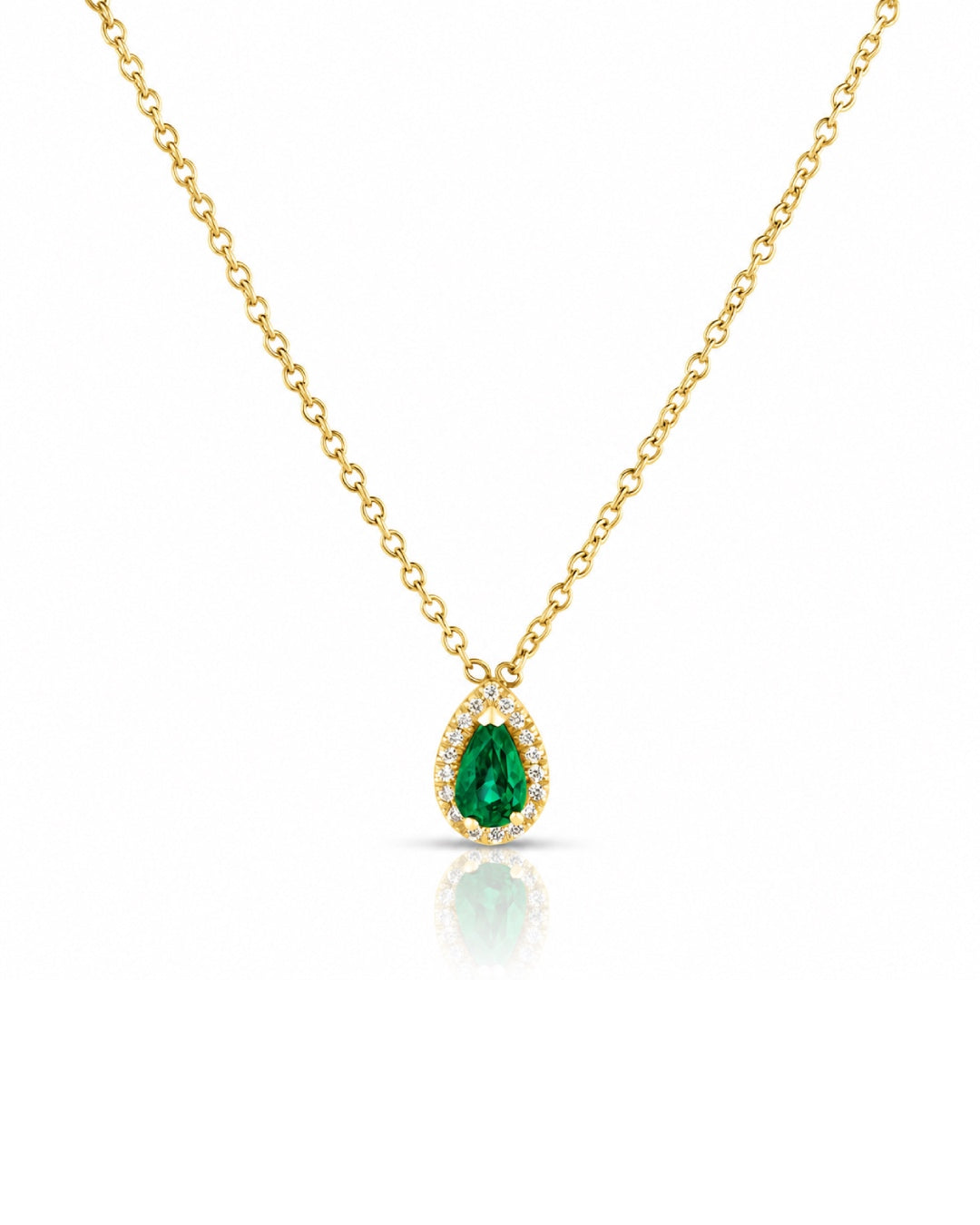 Pear Shape Emerald Pendant with a Diamond Halo 18k Yellow Gold