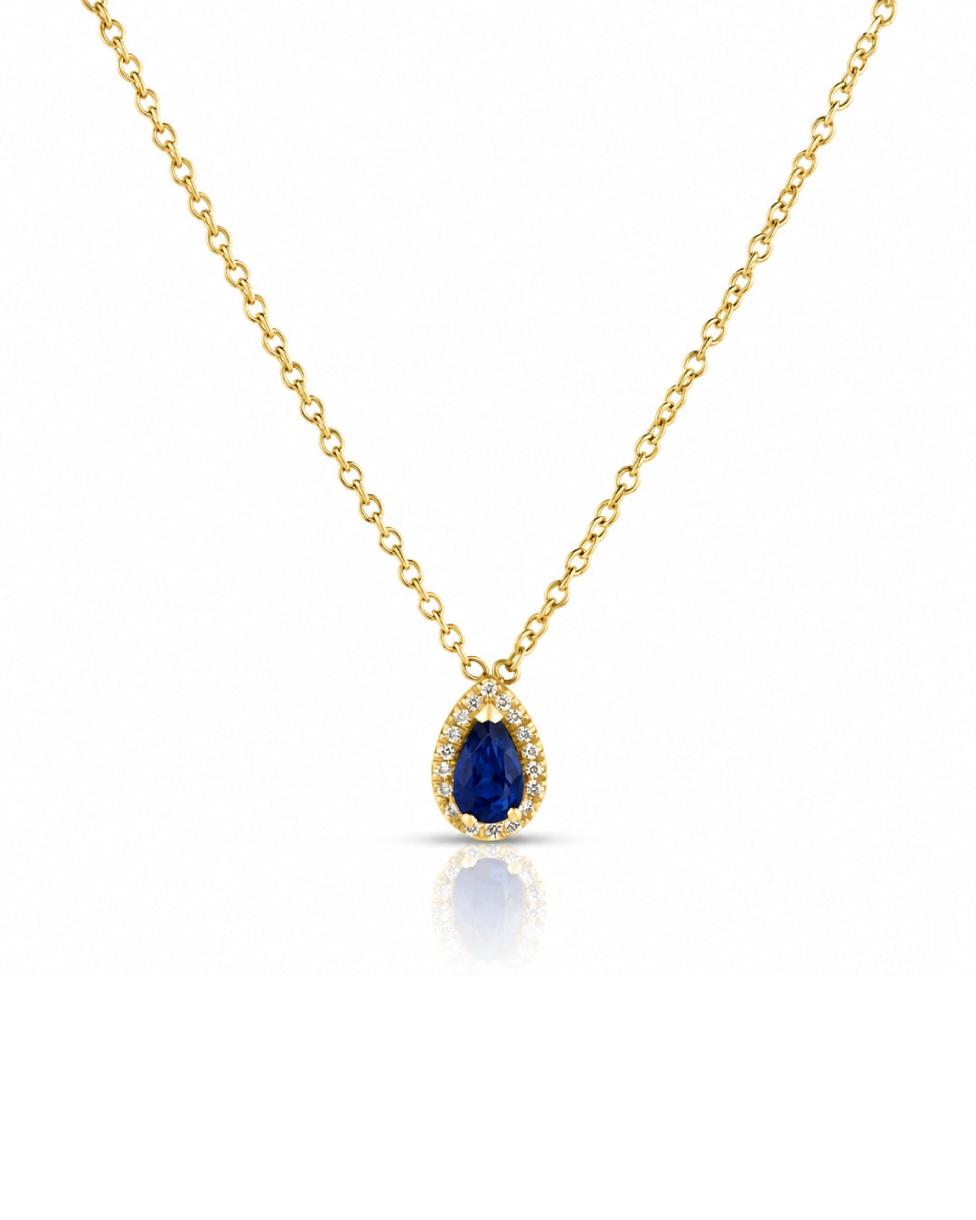 Pear Shape Sapphire Pendant with a Diamond Halo 18k Yellow Gold