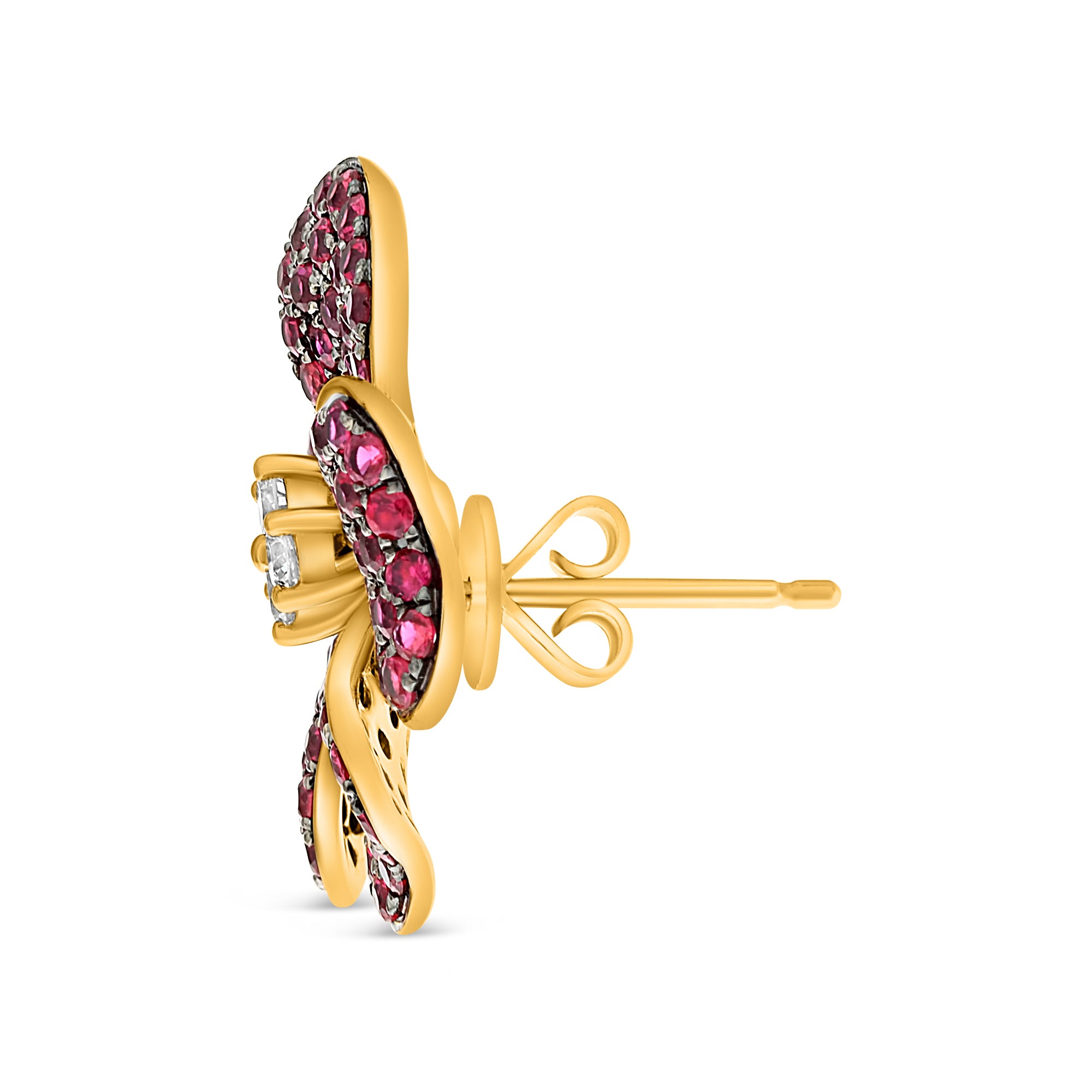 14K Yellow Gold Ruby & Diamond Flower Earrings