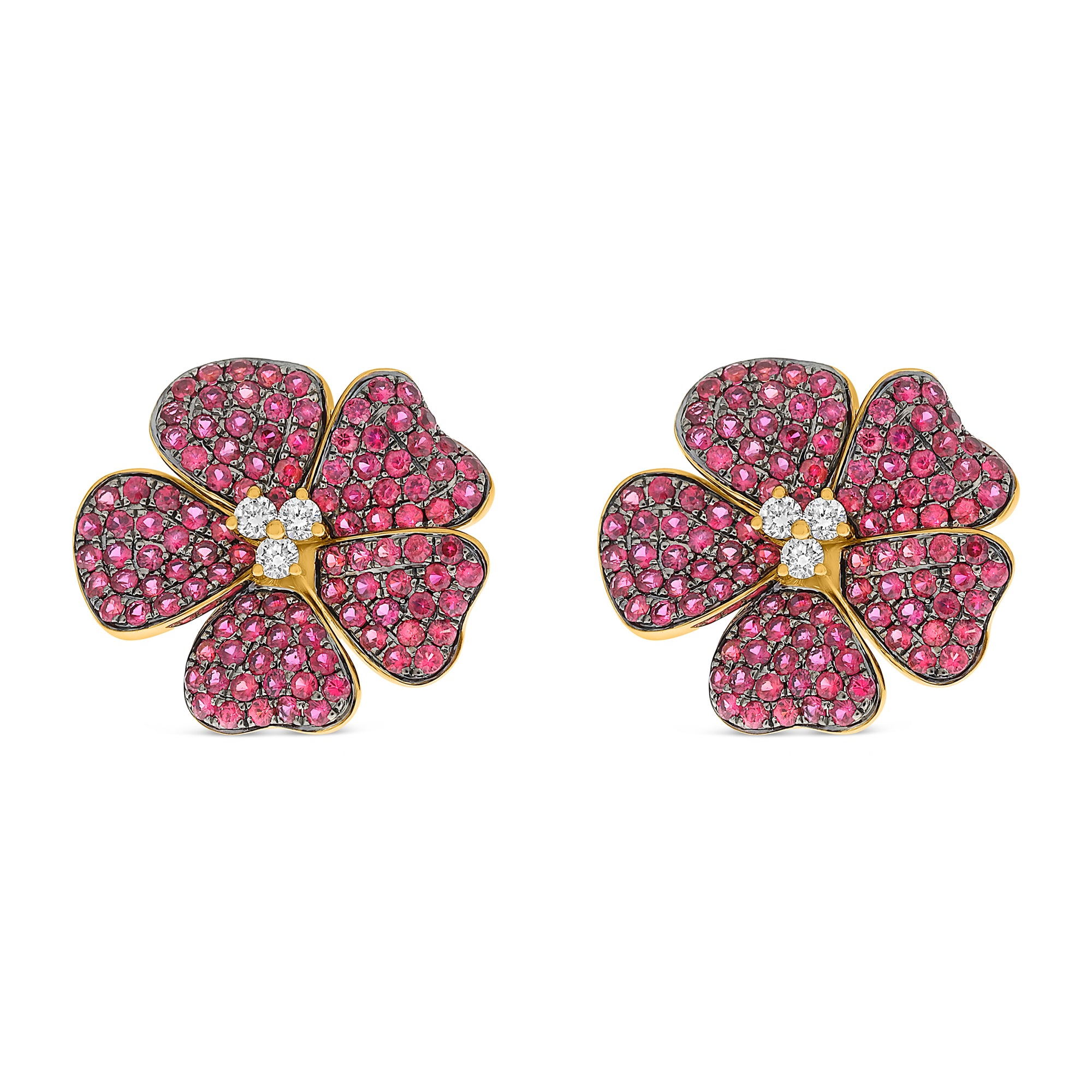 14K Yellow Gold Ruby & Diamond Flower Earrings