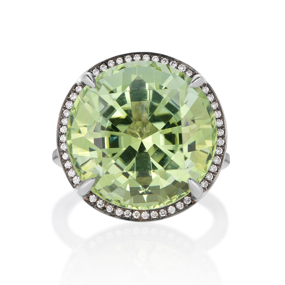 Round Leaf Green Tourmaline Honesty Ring with Thin Bright Cut Diamond Halo