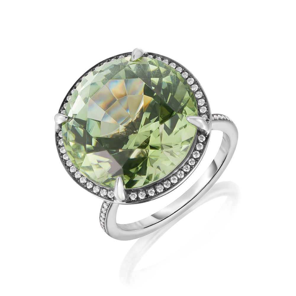 Round Leaf Green Tourmaline Honesty Ring with Thin Bright Cut Diamond Halo