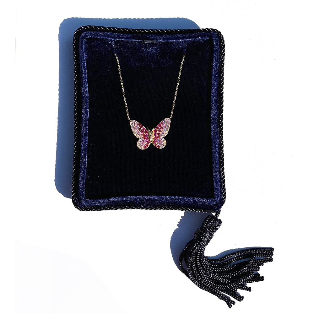 14K Rose Gold Butterfly Necklace with Rubies, Pink Sapphires, and Diamonds