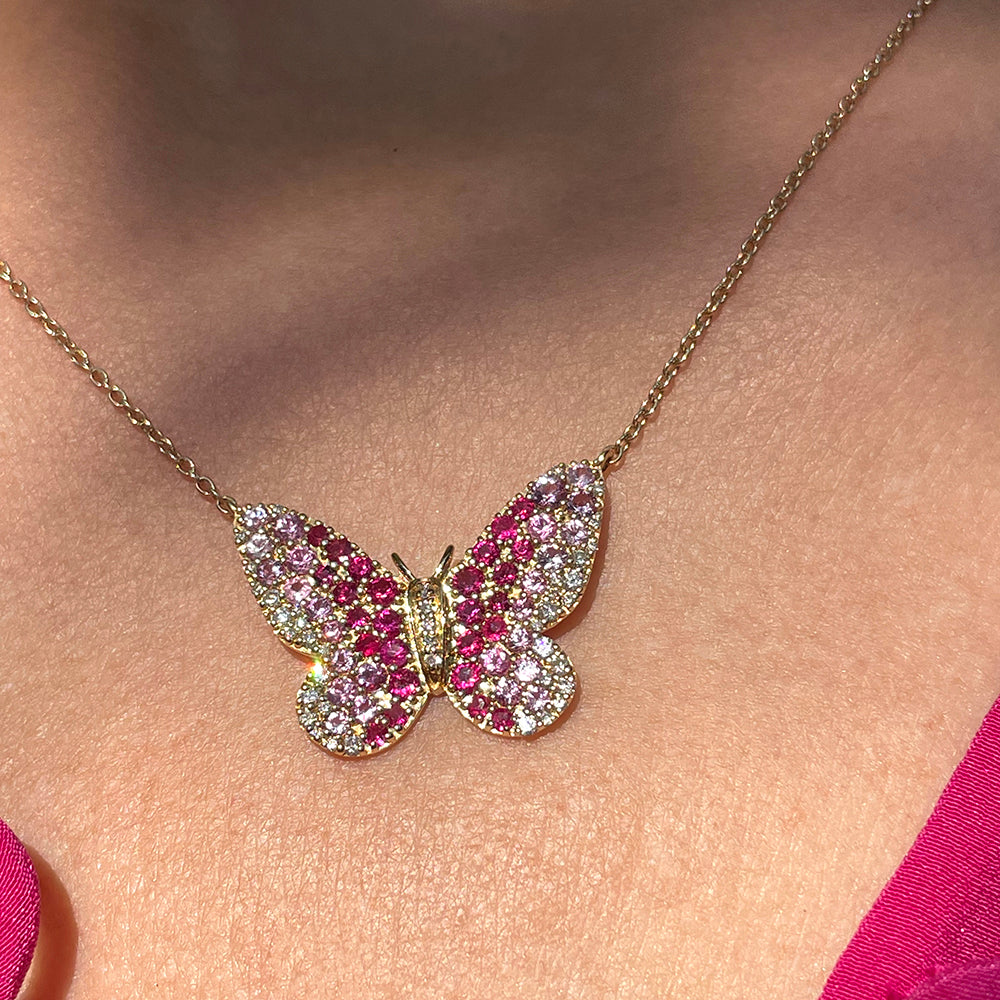 14K Rose Gold Butterfly Necklace with Rubies, Pink Sapphires, and Diamonds