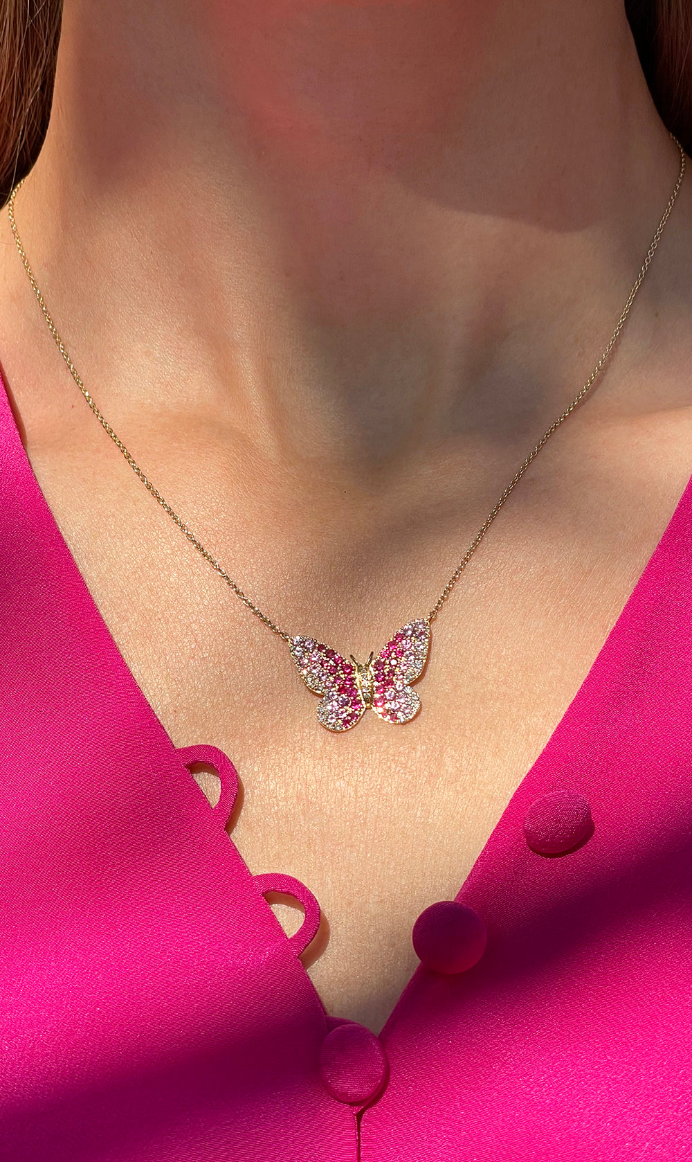 14K Rose Gold Butterfly Necklace with Rubies, Pink Sapphires, and Diamonds