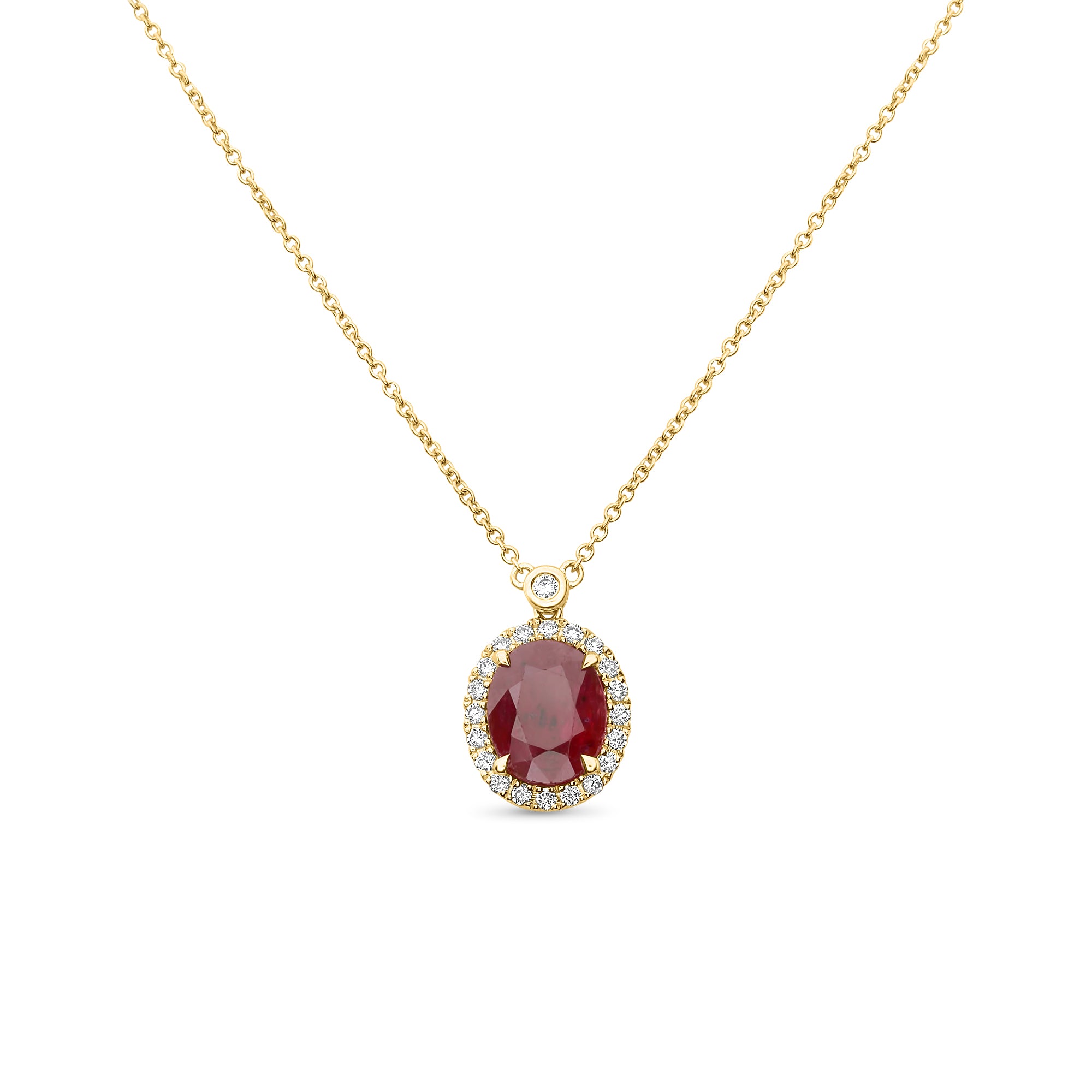 Oval Ruby & Diamond Halo Pendant Necklace | 14K Yellow Gold