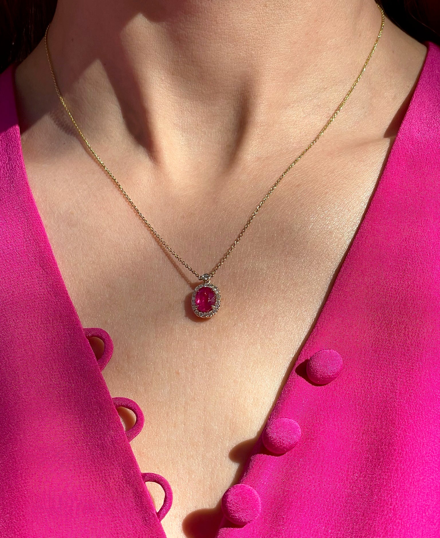 Oval Ruby & Diamond Halo Pendant Necklace | 14K Yellow Gold