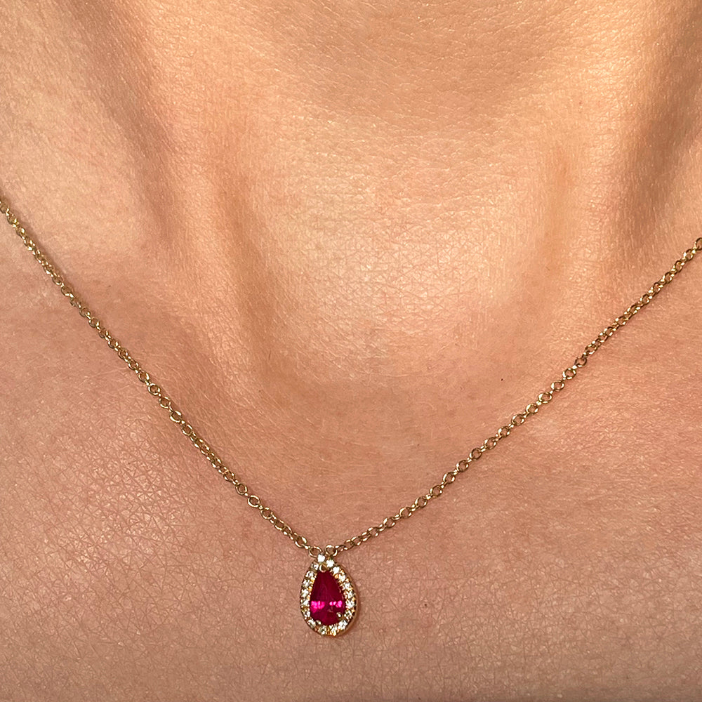 Pear Shape Ruby Pendant with a Diamond Halo 18k Yellow Gold