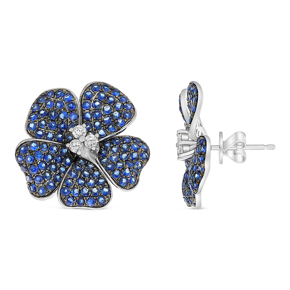 14K White Gold Sapphire & Diamond Flower Earrings