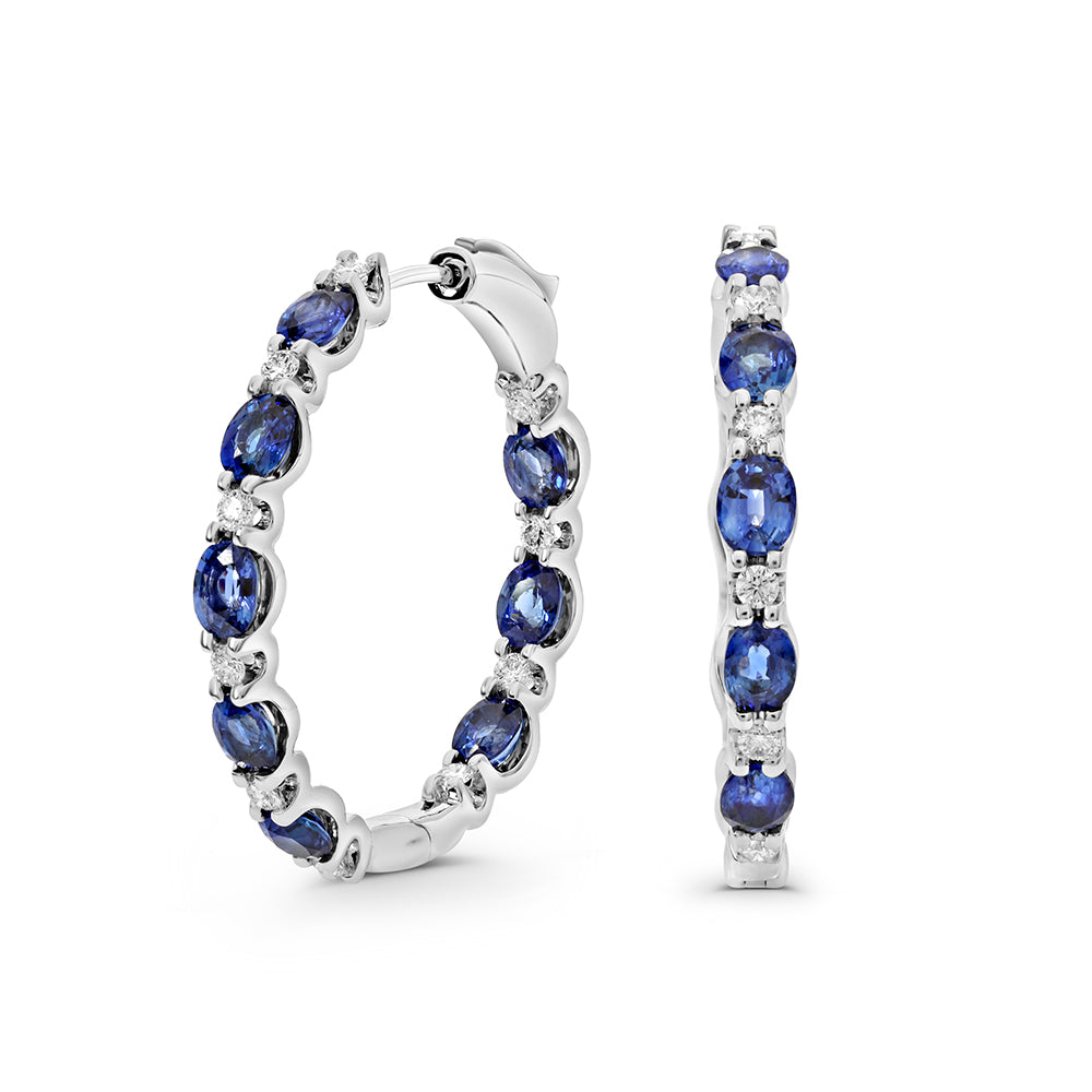 14K White Gold Sapphire & Diamond Oval Hoop Earrings
