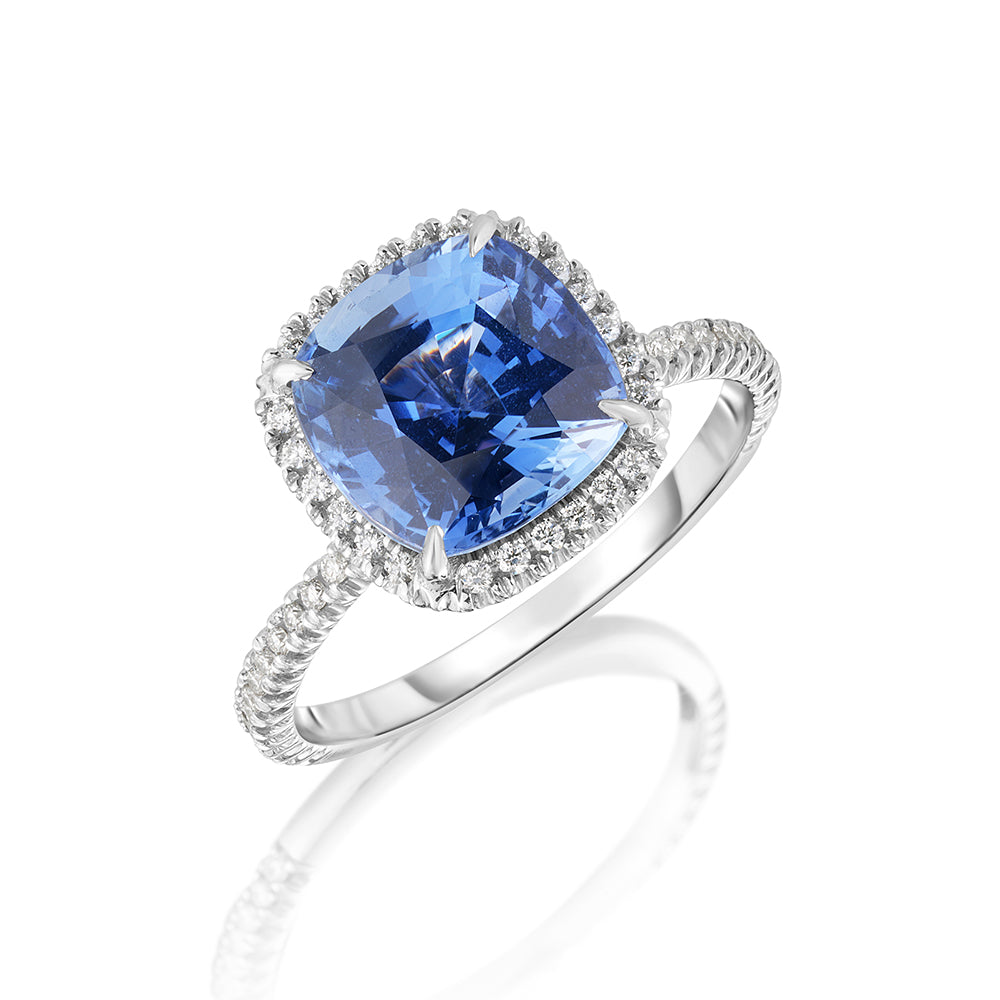 Sapphire and Diamond Ring with Halo in a Platinum InLove Setting | Marisa Perry by Douglas Elliott