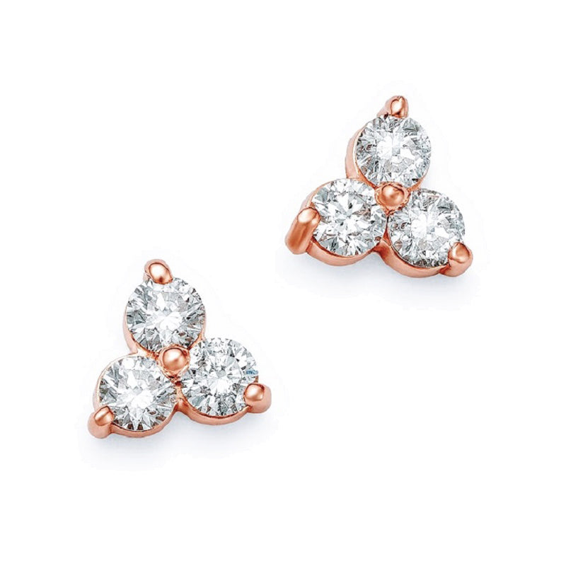 0.40 carat total weight diamond trilogy stud earrings in 14k rose gold featuring three round brilliant cut diamonds in a cluster design