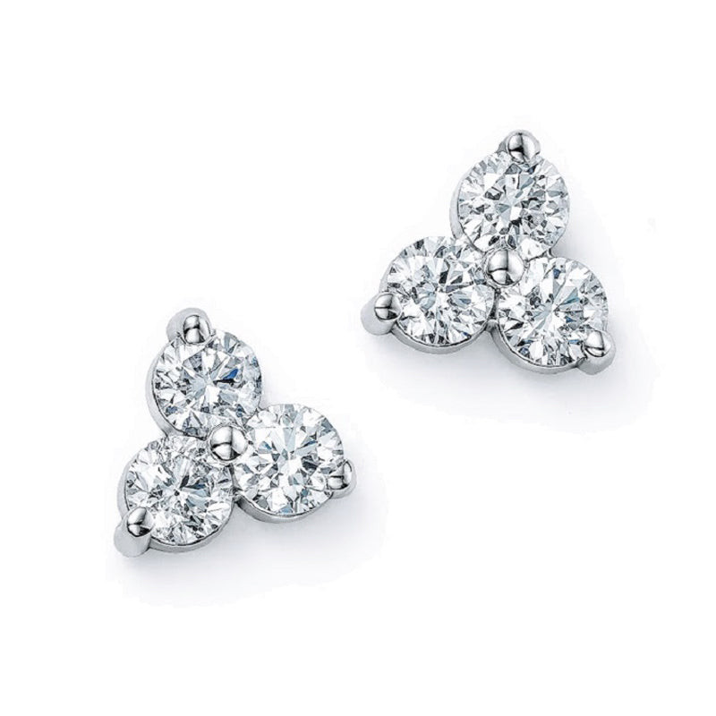 0.40 carat total weight diamond trilogy stud earrings in 14K white gold featuring three round brilliant cut diamonds in a cluster design