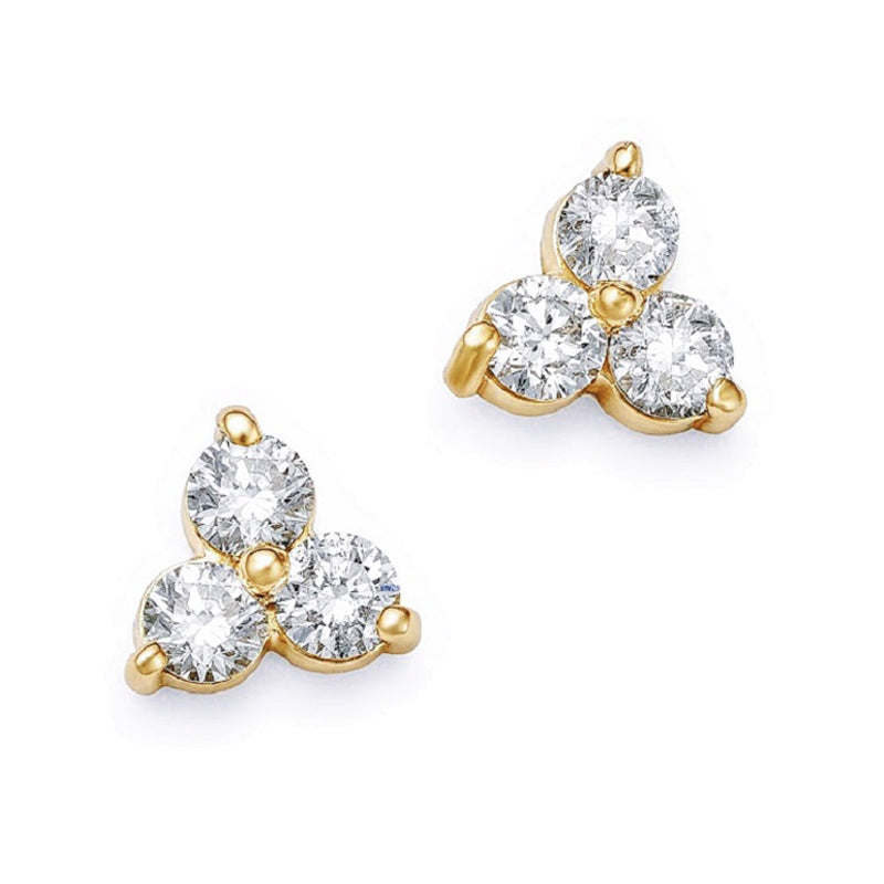 0.40 carat total weight diamond trilogy stud earrings in 14k yellow gold featuring three round brilliant cut diamonds in a cluster design