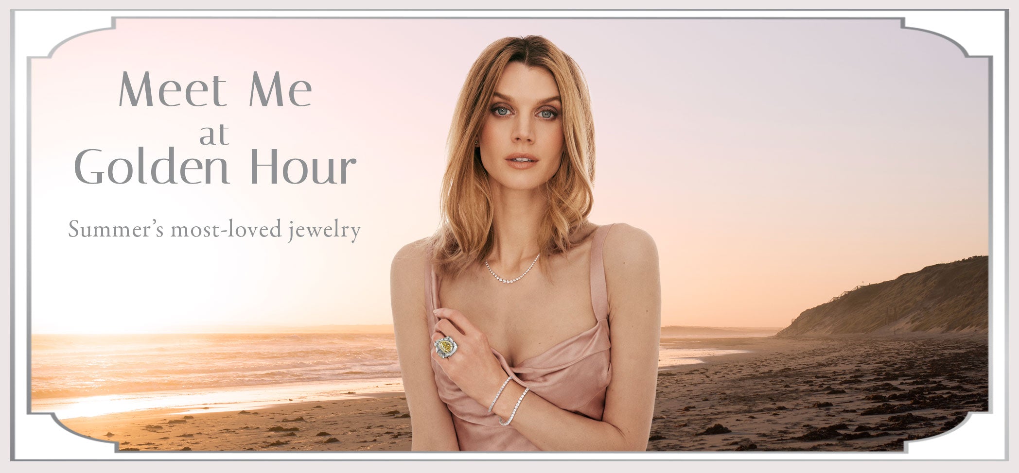 Blonde model on a beach with diamond jewelry, promotional text for 'Meet Me at Golden Hour' jewelry collection.